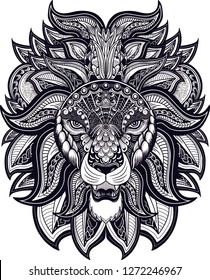 Ethnic patterned ornate hand drawn head of Lion. Black and white doodle vector illustration. Sketch for tattoo, poster, print or t-shirt.