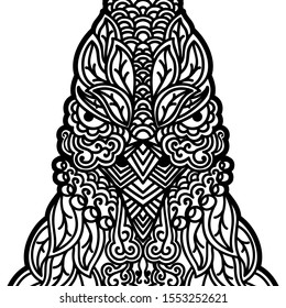 Ethnic patterned ornate hand drawn head of rooster. Abstract card with detailed snout. Black and white outline doodle background. Sketch for tattoo, poster, print or t-shirt. Vector illustration svg