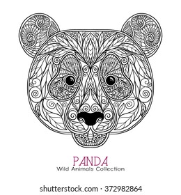 Ethnic patterned ornate hand drawn head of Panda. Black and white doodle vector illustration. Sketch for tattoo, poster, print or t-shirt. Relaxing coloring book for adult and older children. 
