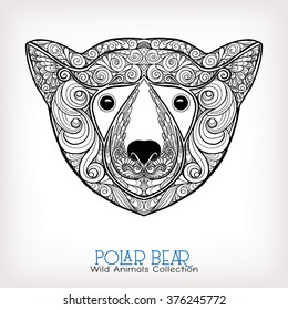 Ethnic patterned ornate hand drawn head of Polar Bear. Black and white doodle vector illustration. Sketch for tattoo, poster, print or t-shirt. Coloring book for adult and older children. 