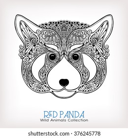 Ethnic patterned ornate hand drawn head of Red Panda . Black and white doodle vector illustration. Sketch for tattoo, poster, print or t-shirt. Coloring book for adult and older children. 