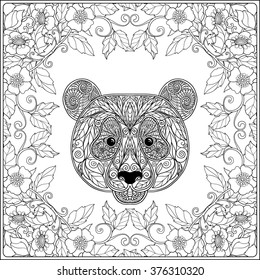 Ethnic patterned ornate hand drawn head of  panda in decorative  floral frame. Black and white doodle vector illustration. Coloring book for adult and older children. Coloring page. Outline drawing.
