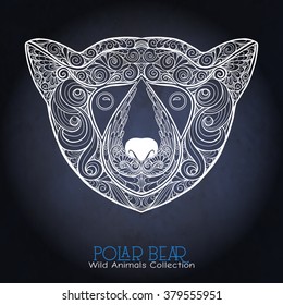 Ethnic patterned ornate hand drawn head of Polar bear. Black and white doodle vector illustration. Sketch for tattoo, poster, print or t-shirt. Coloring book for adult and older children.