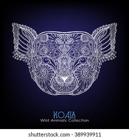 Ethnic patterned ornate hand drawn head of koala bear. Zentangle style white vector illustration on black background. Sketch for poster, print or t-shirt. 