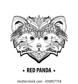 Ethnic patterned ornate hand drawn head of Red Panda . Black and white doodle vector illustration. Sketch for tattoo, poster, print or t-shirt. Coloring book for adult and older children.