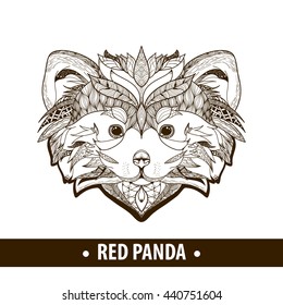 Ethnic patterned ornate hand drawn head of Red Panda . Black and white doodle vector illustration. Sketch for tattoo, poster, print or t-shirt. Coloring book for adult and older children.