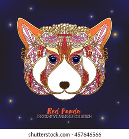 Ethnic patterned ornate hand drawn head of red panda. Sketch for tattoo, poster, print or t-shirt. Vector illustration.