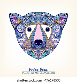 Ethnic patterned ornate hand drawn head of polar bear. Sketch for tattoo, poster, print or t-shirt. Vector illustration.