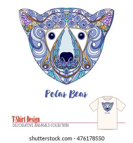 Ethnic patterned ornate hand drawn head of polar bear. Sketch for tattoo, poster, print or t-shirt. Vector illustration.