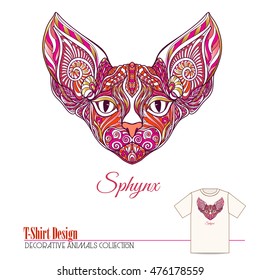 Ethnic patterned ornate hand drawn head of sphynx cat. Sketch for tattoo, poster, print or t-shirt. Vector illustration.