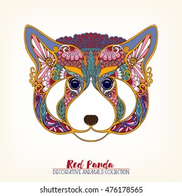 Ethnic patterned ornate hand drawn head of red panda. Sketch for tattoo, poster, print or t-shirt. Vector illustration.