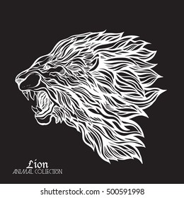 Ethnic patterned ornate hand drawn head of Lion. Black and white doodle vector illustration. Sketch for poster, print or t-shirt. Stock line vector illustration. White on black background