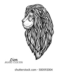 Ethnic patterned ornate hand drawn head of Lion. Black and white doodle vector illustration. Sketch for tattoo, poster, print or t-shirt. Stock line vector illustration.