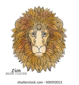 Ethnic patterned ornate hand drawn head of Lion. Sketch for tattoo, poster, print or t-shirt. Stock line vector illustration. On watercolor background