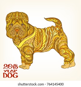 Ethnic patterned ornate hand drawn Shar Pei dog. Colored in yellow colors for Chinese New Year of the dog. Sketch for tattoo, poster, print or t-shirt.
Stock vector illustration.
