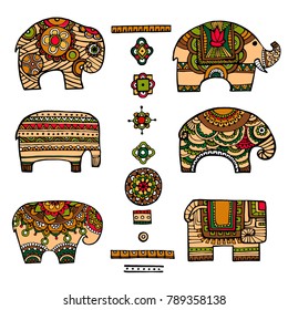 Ethnic patterned set of elephants on the white grange background, african, indian, totem, tattoo design. Use for print, posters, t-shirts. For your web design.