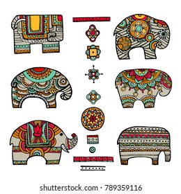 Ethnic patterned set of elephants on the white grange background, african, indian, totem, tattoo design. Use for print, posters, t-shirts. For your web design.