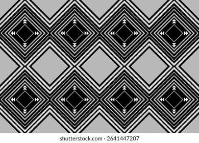 Ethnic patterns of black geometric diamond shape on grey background. Abstract motifs seamless vector. Concept of pixel arts, triangle, vintage for textiles, cloth texture, wrapping, batik, wallpaper.
