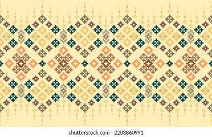 Ethnic Patterns. Cross Stitch Embroidery. Native Style. Traditional Design for texture, textile, fabric, clothing, Knitwear, print. Geometric Pixel Horizontal Seamless Vector. Earth tone. Blue. Gold.