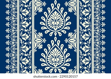 Ethnic Patterns. Cross Stitch Embroidery. Native Style. Traditional Design for texture, textile, fabric, clothing, Knitwear, print. Geometric Pixel Horizontal Seamless Vector. Blue, White, Dark Green.