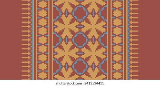Ethnic Patterns. Cross Stitch Embroidery. Native Style. Traditional Design for texture, textile, fabric, clothing, Knitwear, print. Geometric Pixel Horizontal Seamless Vector. 