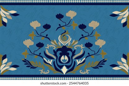 Patrones étnicos. Bordado de damasco. Estilo nativo. Diseño tradicional para textura, textil, tela, ropa, prendas de punto, impresión. Vector sin costuras Horizontal de píxeles geométricos. Azul, blanco, verde oscuro.