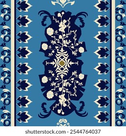 Ethnic Patterns. Damask Embroidery. Native Style. Traditional Design for texture, textile, fabric, clothing, Knitwear, print. Geometric Pixel Horizontal Seamless Vector. Blue, White, Dark Green.