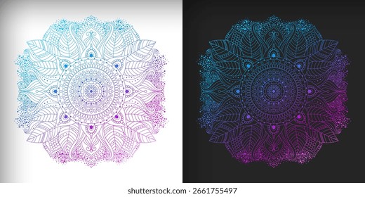 Padrões étnicos, mandala de flores em uma paleta de luz e escuro psicodélico com gradientes rosa e azul. Desenhos florais e abstratos, orientais, indianos e asiáticos.