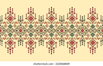 Ethnic Patterns. Geometric Ethnic Indian pattern. Cross Stitch Border. Embroidery. Native Ethnic pattern. Texture, Textile, Fabric, Clothing, Print. Pixel Horizontal Seamless Vector. green red orange