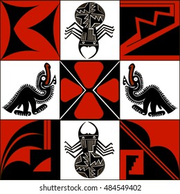 Ethnic patterns of Native Americans: the Aztec, Inca, Maya (Mexico, Ecuador, Peru). Drawing in the Mexican style. Spider, vulture. Vector illustration.
