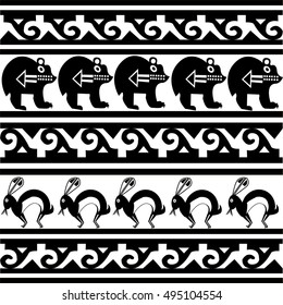 Ethnic patterns of Native Americans: the Aztec, Inca, Maya (Mexico, Ecuador, Peru). Drawing in the Mexican style. Bear, rabbit. Vector illustration.