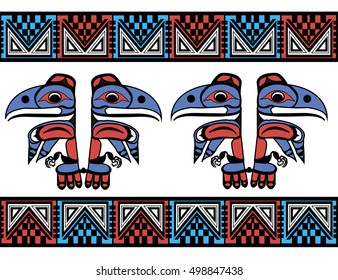 Ethnic patterns of Native Americans: the Aztec, Inca, Maya, Alaska Indians (Mexico, Ecuador, Peru). Drawing in the Mexican style. raven. Vector illustration.