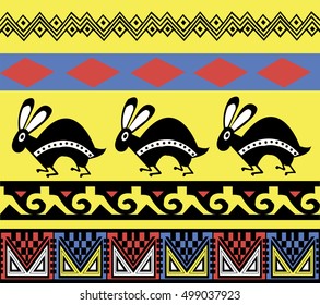 Ethnic patterns of Native Americans: the Aztec, Inca, Maya, Alaska Indians (Mexico, Ecuador, Peru). Drawing in the Mexican style. rabbit. Vector illustration.