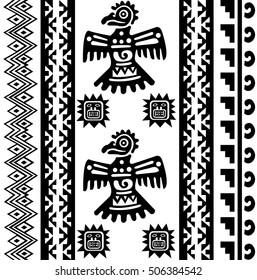 Ethnic patterns of Native Americans: the Aztec, Inca, Maya, Alaska Indians (Mexico, Ecuador, Peru). Drawing in the Mexican style. Raven (or Eagle). Vector illustration.
