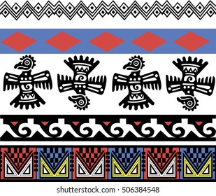 Ethnic patterns of Native Americans: the Aztec, Inca, Maya, Alaska Indians (Mexico, Ecuador, Peru). Drawing in the Mexican style. Raven (or Eagle). Vector illustration.