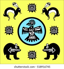 Ethnic patterns of Native Americans: the Aztec, Inca, Maya, Alaska Indians (Mexico, Ecuador, Peru). Drawing in the Mexican style. Raven (or Eagle), bear and rabbit. Vector illustration.