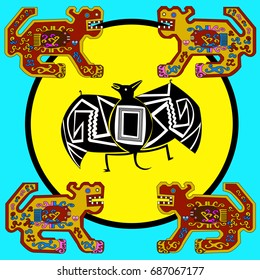 Ethnic patterns of Native Americans: the Aztec, Inca, Maya, Alaska Indians (Mexico, Ecuador, Peru). Drawing in the Mexican style. Jaguar and bat. Vector