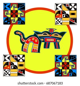 Ethnic patterns of Native Americans: the Aztec, Inca, Maya, Alaska Indians (Mexico, Ecuador, Peru). Drawing in the Mexican style. Jaguar. Vector
