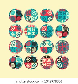 ethnic patterns spheres collection in red blue ivory black shades