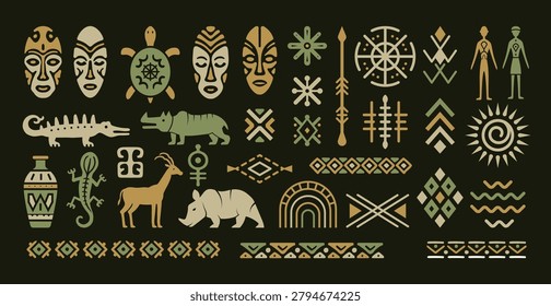 Ethnic Patterns. Tribal vector symbols masks ornaments and geometric borders in african ethnic style set recent collection