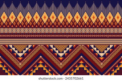 Ethnisches Muster.Dreiecksform auf blauem Hintergrund.Geometrische Form.Gelbes Muster.Zickzackmuster.Nahtlose.Quadratische Form.DIgital design.Illustrator.Design für Rock.Clothes.Carpet.Printing. Strickarbeit.