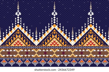 Ethnic pattern.Triangle shape on blue background.Geometric shape.Yellow pattern.Zigzag pattern.Seamless.Square shape.DIgital design.Illustration.Line.Design for skirt.Clothes.Carpet.Printing. Knitting