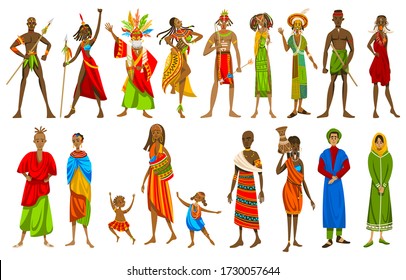 Ethnic people of African tribes in traditional clothing, set of isolated cartoon characters, vector illustration. Exotic culture, different countries in Africa, slim man and woman in national costumes