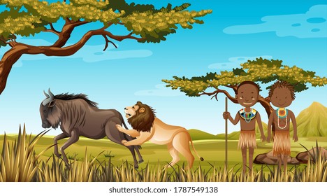 Ethnic people of African tribes in traditional clothing in nature background illustration