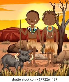 Ethnic people of African tribes in traditional clothing in nature background illustration