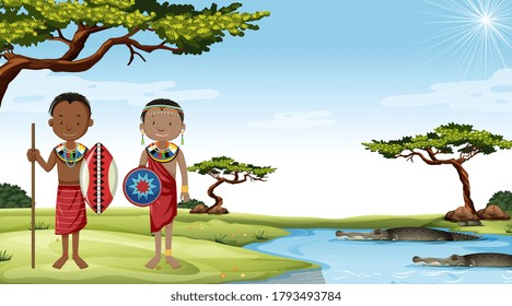 Ethnic people of African tribes in traditional clothing in nature background illustration