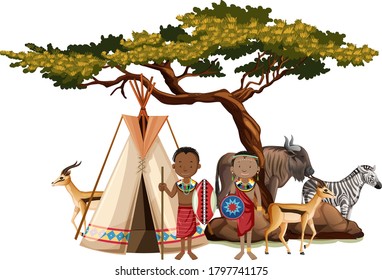 Ethnic people of African tribes in traditional clothing in nature background illustration