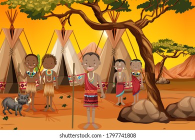 Ethnic people of African tribes in traditional clothing in nature background illustration
