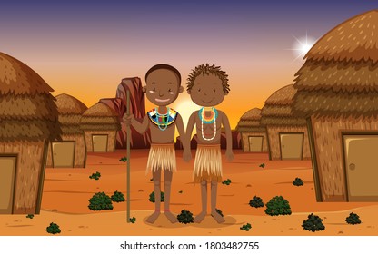 Ethnic people of African tribes in traditional clothing in nature background illustration