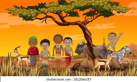 Ethnic people of African tribes in traditional clothing in nature background illustration